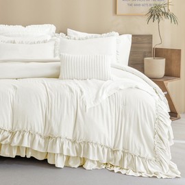 QSH Ruffle Comforter Set King Size, Shabby French Country Chic Bedding Ivory Comforter Sets, 3 Pieces Farmhouse Lightweight Boho Comforter Set for Bed, Ultra Soft Microfiber Fluffy Bedding