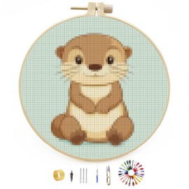 Generic Cartoon Cute Otter Easy Stamped Cross Stitch Kit for Beginners with Hoop Simple Patterns 11CT Counted Embroidery Needlepoint Crafts Arts for DIY Enthusiasts and Home Decor 26x26cm