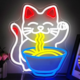 Fortune Cat Ramen Neon Sign Cat Neon Sign Dimmable Japanese Noodles Led Neon Signs for Wall Decor Anime Light Up Signs Neon Lights for Bedroom Store Restaurant Home Dining Room Kitchen Gift
