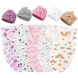Fanfanwin 5 Pack Preemie Swaddle Blanket Wrap with Hat Set Cotton Preemie Baby Clothes Preemie Hat Preemie Receiving Blanket for 3-7 Lbs Newborn Preemie Boys Girls