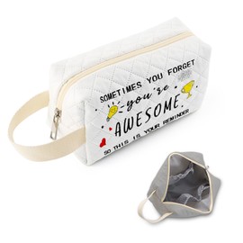 SuoSycorax Awesome Reminder Printed Quilted Makeup Pouch for Women - Velvety Polyester Cosmetic Organizer w/Triple Compartments, Travel & Makeup Brush Holder