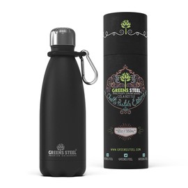 Greens Steel Stainless Steel Water Bottle - 12 oz, Black | Vacuum Insulated Double Wall with Screw Lid/Leak Proof | Thermal Travel Sports Canteen Coffee Flask