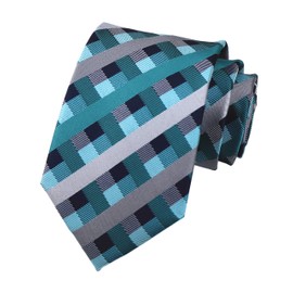 Men's Repp Teal Blue Grey Check Tie Spring Summer Wedding Groom Designer Turquoise Necktie