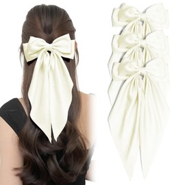 3PCS Beige Hair Bows for Women Oversized Long Tail Bow Hair Clips Satin Ribbon Bow Hair Daily Barrettes Ponytail Holder Vintage Parties Date Wedding Hair Accessories for Girls Teens