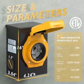 TOOLIOM 50 Amp Generator Power Inlet Box, NEMA SS2-50P Power Inlet Box for 3 Prong Generator Cord, 125/250 Volt, Up to 12500 Watts, Weatherproof Generator Inlet Box with Light Indicator, ETL Listed