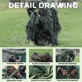 Epipgale 6 in 1 Ghillie Suit, 3D Camouflage Hunting Apparel Camo Hunting Apparel, Bushman Costume, Includes Gloves, Jacket, Pants, Hood, Gun Sling, and Backpack. Suitable for Men, Hunters.（Aldult）