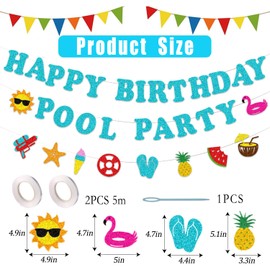 Glitter Pool Birthday Party Banner, Happy Birthday Banner for Pool Party Decorations (Blue)