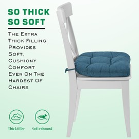 SQUARE MOON Chair Cushions for Dining Chairs, 3 Inch Thick Comfortable Kitchen Chair Pads, Dining Room Seat Cushions with Ties, Machine Washable, 17" x 16" x 3", Set of 4, Blue