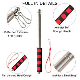 Qiuboluny 2.5M Telescopic Handheld Flagpoles with Clips Portable Flag Pole Lightweight Extendable Tour Guide Stainless Steel Banner Flag Pole Pointer for Teachers with Anti-Slip Grip (Red)