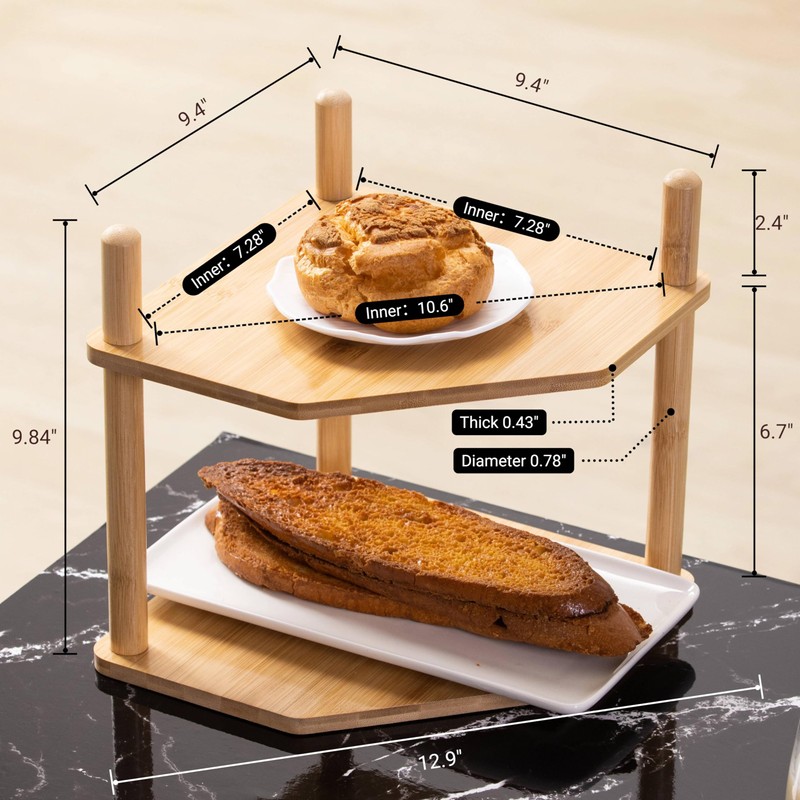 WooFawn 2-Tier Expandable Bamboo Corner Shelf - Dish/Plate Organizer for