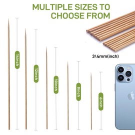 6" Bamboo Skewers Size Choices 8''/10"/12"/14" (4mm Thick), Unbleached Carbonized Heavy Duty Wooden Sticks for Grilling, Marshmallow & S'mores Roasting, BBQ Kabobs, Appetizers