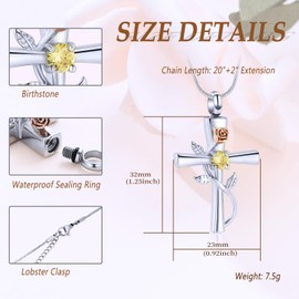 Minicremation Cross Urn Necklace for Ashes Birthstone Rose Flower Cremation Jewelry for Women Gilrs Keepsake Memorial Ashes Pendant