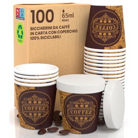 100 Paper Coffee Glasses 65ml PubCUP with Paper Lids Eco-Friendly Biodegradable Disposable Cups Small Drinking Cups and 100 Lids