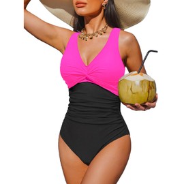 Holipick Hot Pink Black Women Tummy Control One Piece Swimsuit - Push Up Bathing Suit Full Coverage Slimming Swimwear L