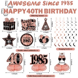 Kuxriox 11Pcs 40th Birthday Decorations Kit for Women, Rose Gold Happy 40th Birthday Banner, Awesome Since 1985 Centerpieces Swirls Party Supplies, Forty Bday Banner Ceiling Table Topper Sign