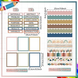 Fuyoooo 90 Pcs Science Fair Board Supplies 60 Trim Scalloped Bulletin Board Borders 24 Presentation Board Subtitles 6 Science Fair Titles for Classroom Display Boards(Boho)