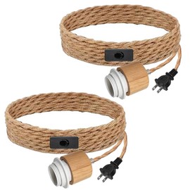 2 Pcs Plug in Hanging Light Kit, Vintage Hanging Pendant Lamp with On/Off Switch, 500 CM Hemp Rope Plug in Ceiling Light Fixture, E26 E27 for Farmhouse Lamp Cable DIY(No Bulb)