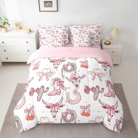 Manfei Western Cowgirl Bed Set in a Bag 7 Pcs,Princess Pink Bowknots Cute Cherry Bedding Set,Cowboy Hats Boots Horseshoe Bull Skull Comforter with Fitted,Flat Sheet,Pillowcase,Pillow Covers,Twin