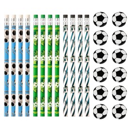 MAEXUS® Football Pencils, Football Eraser Pencil Suit, 12 + 12 Pieces, Football Pencils for Children, Football Party Bags, Football Birthday Boy, Football Theme Party Accessories, Graphite Pencil