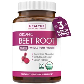Organic Beet Root Powder Tablets - Extra Strength Beet Supplement with Black Pepper Extract for Enhanced Absorption to Support Heart Health Nitric Oxide Production & Athletic Performance (3 Months)