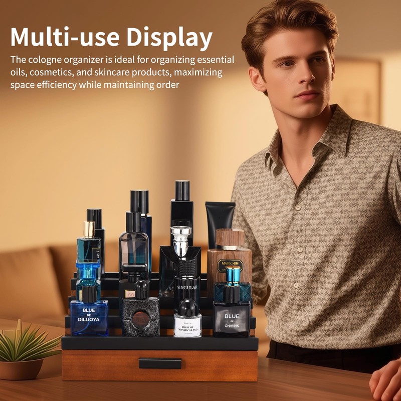 GLOKUUCA Perfume Organizer for Men, 4 Tier Wood Perfume Display