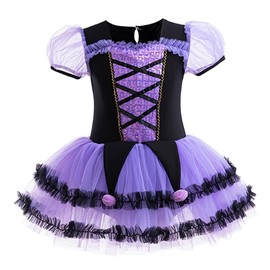 Dressy Daisy Girls Princess Tutu Ballet Dress Dance Ballerina Costume Outfit Leotard Tulle Skirt with Sequins and Pom Poms, Purple, Size 6–7