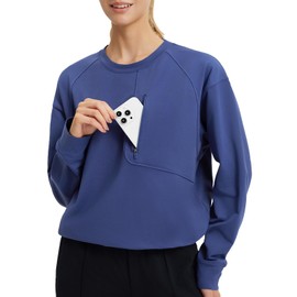 baleaf Women's Cropped Sweatshirt Thermal Warm Fleece Pullover Lightweight Athletic Hiking Running Outdoor Gym Sweaters Navy Blue L