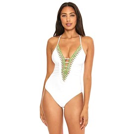Becca by Rebecca Virtue Women's Standard Layla One Piece Swimsuit, Plunge Neck, Bathing Suits, White
