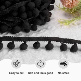 M METERXITY Pom Pom Ball Fringe Trim, 20 Yards 11mm Ball Fringe Trim Ribbon Sewing Accessory for Home Decoration/DIY Crafts/Curtain/Pillow [Black]