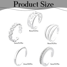 LIUQOBN 5 Pcs Toe Rings For Women,Silver Toe Rings For Women 5 Styles Of Lightweight, Adjustable For Everyday Wear