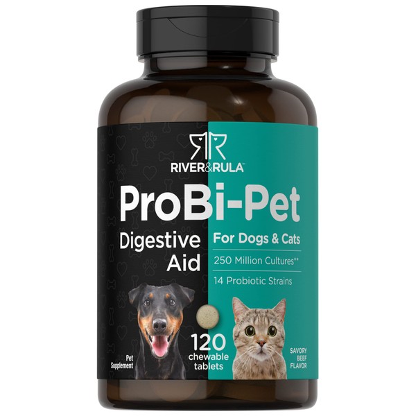 Probiotics for Dogs & Cats | 120 Chewable Tablets | Digestive Aid | with 14 Probiotic Strains | Savory Beef Flavored Pet Supplement