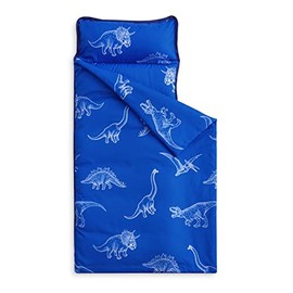 Wake In Cloud - Dinosaur Nap Mat with Removable Pillow for Kids Toddler Boys Girls Daycare Preschool Kindergarten Sleeping Bag, Dinosaur Sketch Printed on Blue, 100% Soft Microfiber