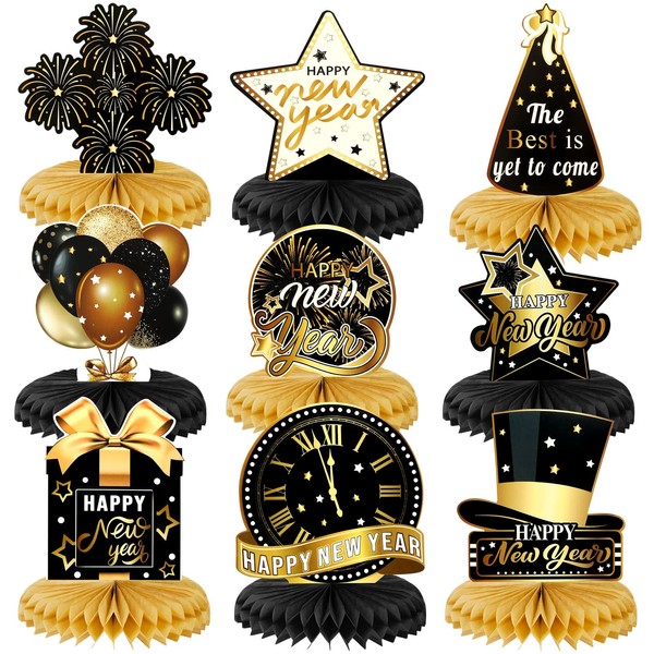 DPKOW New Year Party 2024 Honeycomb Centerpiece Black Gold Happy New Year Theme Table Topper Black Gold Centerpiece Paper New Year for 2024 New Year Party Decoration Supplies,9 Pieces