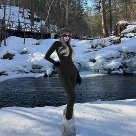 OEAK Women Jumpsuit Fleece Lined Bodysuit Long Sleeve Zip up Unitard Seamless One Piece Bodycon Romper All In One Full Workout Outfit(Black,M)