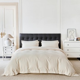 YuHeGuoJi Beige Textured Duvet Cover Queen 100% Cotton 3 Pcs Set 1 Cream Circle Striped Jacquard Duvet Cover with Zipper Ties 2 Pillow Shams Washed Cotton Cream Yellow Wide Trim Bedding Set Soft