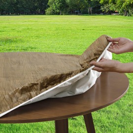 Romanstile Round Vinyl Tablecloth, 100% Waterproof Heavy Duty Elastic Fitted Table Covers for 57"- 68" Tables, Wipeable Flannel Backed Plastic Table Cloths for Picnic, Camping, Outdoor - Dark Wood