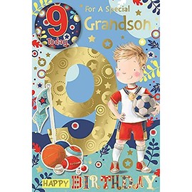 Grandson 9th Birthday Card & Badge - Gold Foil 9 & Boy with Football 9" x 6"