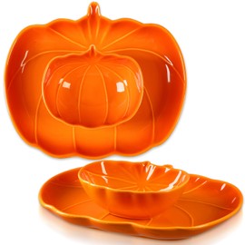 Tioncy 4 Pcs Pumpkin Shaped Bowls and Plates Set Fall Ceramic Pumpkin Tableware Fall Harvest Table Decoration for Appetizers Dessert Snacks Salad Baking Kitchen Party