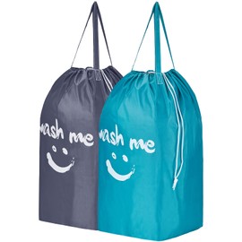 HOMEST 2 Pack Wash Me Travel Laundry Bag with Handles, Square Base Can Carry Up to 3 Loads of Clothes, Dirty Garments Storage with Drawstring Closure,Light Blue and Grey