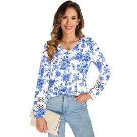 Rapbin Womens Long Sleeve V Neck T Shirts Lace Work Tunic Tops Formal Top for Women(White Blue Floral_L)