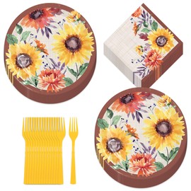 HOME & HOOPLA Bright Fall Sunflower Paper Dinner Plates, Lunch Napkins, and Forks (Serves 16)