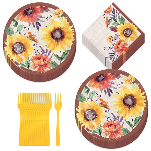 HOME & HOOPLA Bright Fall Sunflower Paper Dinner Plates, Lunch