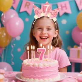 Atoden 7 Year Old Birthday Headband and Sash Happy 7th Birthday Decorations for Girl Glitter Flower Princess Crown Tiara with Pink Bow Party Costume Outfit Gifts