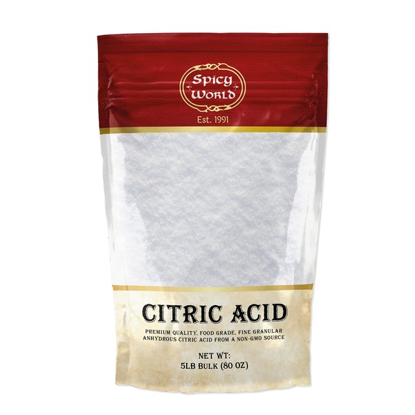 Spicy World Citric Acid 5 LB Bag | 100% Pure, Food Grade & Non-GMO | Versatile Citric Acid Powder for Cleaning, Bath Bombs, Preserving | Fine Granular | Premium Quality