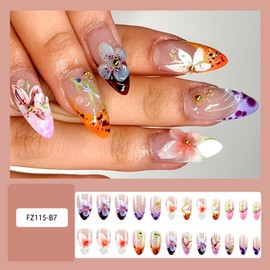 24Pcs Flower Press on Nails Medium Almond French Tip Fake Nails 3D Embossed Diamond Floral Nail Art with Romantic Almond Shape Handmade Stick on Nails French Nails for Women Manicure
