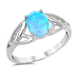Blue Simulated Opal Oval Celtic Trinity Ring New .925 Sterling Silver Band Size 8