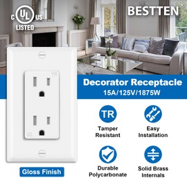 BESTTEN 50 Pack 15 Amp Decorator Receptacle Outlet, Tamper Resistant Receptacle, Residential and Commercial Use, Wallplate Included, 15A/125V/1875W, UL Listed, White