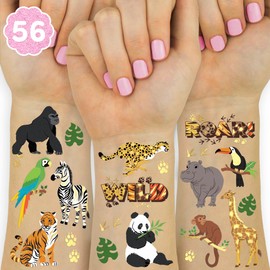 xo, Fetti Tatuajes Temporales De Animales De La Selva - 56 Unidades Con Lámina Dorada | Accesorio Salvaje Para Cumpleaños, Recuerdo Para Despedida De Soltera Estilo Safari, Divertida Actividad Infanti