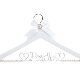 HUIDIAN White Solid Wood Bridal Dress Hanger with Bridal Wire Lettering for Bridal Wedding Party Gift (White Coat Hanger Pearl Silver Thread)