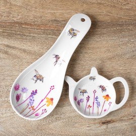 2 Piece Melamine Plastic Teabag Tidy and Spoon Rest Set - Bumble Bee Floral Pattern